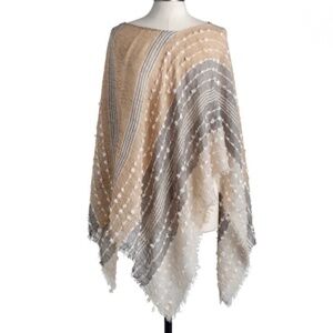 Demdaco Layering Casual Textured Poncho Shawl Pom Poms Tan Cream Grey One Size